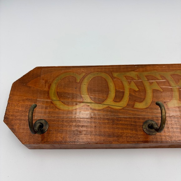 Other - Wooden Coffee Mug Rack Wall Mount 5 Hooks Brass Tone Vintage Kitchen Decor